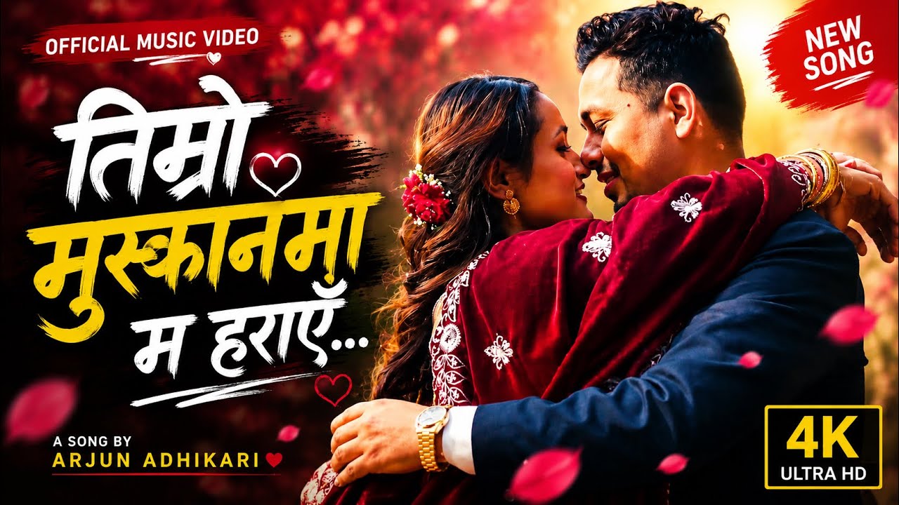 Thumbnail for तिम्रो मुस्कानमा म हराएँ (Timro Muskanma Ma Harae) — Arjun embracing a woman in a red sari, with the song title in Nepali script
